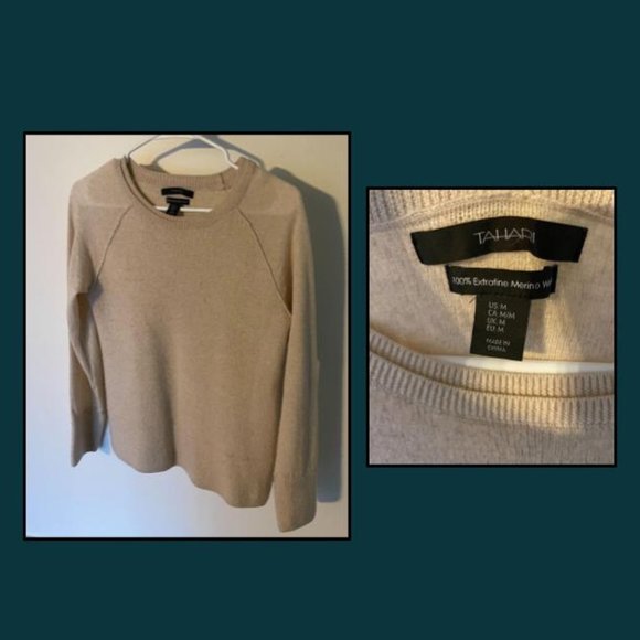 TAHARI Sz M 100% Merino Wool Pullover Tan Cardigan - Picture 1 of 4